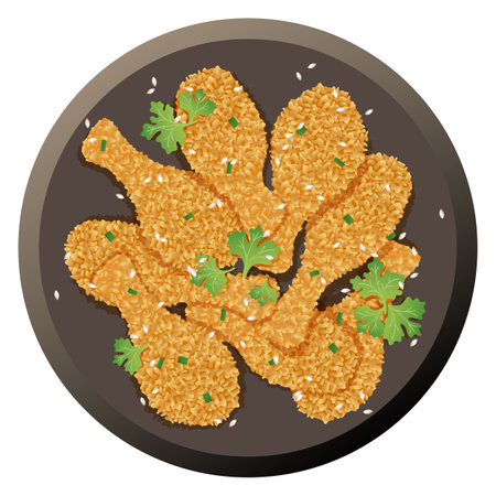 Fried chicken plate top view. Cartoon dishのイラスト素材