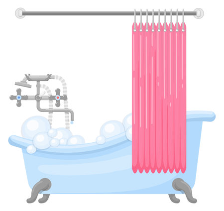 Bathtub behind curtain. Cartoon bathroom washing iconのイラスト素材
