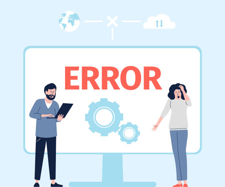 Computer software error message. Confusion people frustration near pc. 404 mistake, screen breakdown...