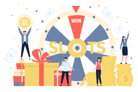 Fortune wheel and happy people. Woman win prize on gambling show. Sale promotion lottery, store performance. Fortune lucky characters recent vector sceneのイラスト素材