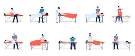 Massage therapy on couch. Medical rehabilitation back treatment after injury. Kinesiology, beauty spa professional service. Recent wellness vector sceneのイラスト素材