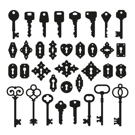 Key and keyhole silhouettes. Old vintage keyholes, antique keys black silhouettes. Door locks, medieval locked elements collection. Privacy tidy vector symbolsのイラスト素材