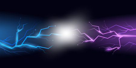 Thunderbolt background. Blue lightning effect, flash electric energy. Versus concept, thunder light in storm. Charge power racy vector banner, electricity designのイラスト素材