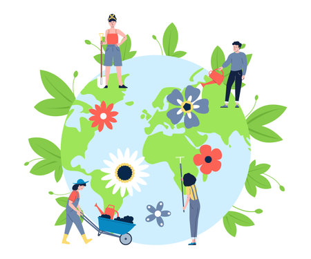 People take care planet. Teens support ecology environment. Volunteers protecting nature, cleaning and planting plants. Protect earth recent vector sceneのイラスト素材