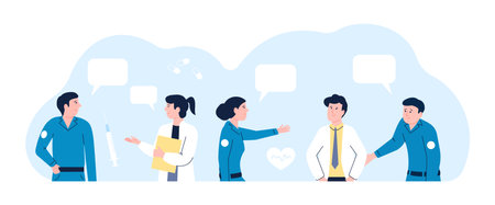 Paramedic and doctor flat cartoon characters. Doctors appointment, nurse paramedics staff. Modern medical people chat, young ambulance recent vector teamのイラスト素材