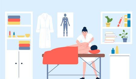 Massage concept. Back treatment and muscles relax. Doctor and patient on couch, spa wellness salon. Medical rehabilitation therapy recent vector sceneのイラスト素材