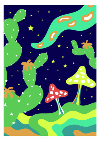 Vintage poster with psychedelic mushrooms and cactus in night landscapeのイラスト素材