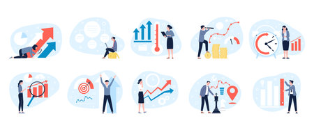 Benchmarking measurements business scenes. Quality comparison, financial operational improvements. Evaluate and comparison recent invest vector setのイラスト素材