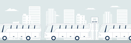 City bus stop. Urban social transportation, buses waiting on stop. Relocation and travel, intercity public transport vector sceneのイラスト素材