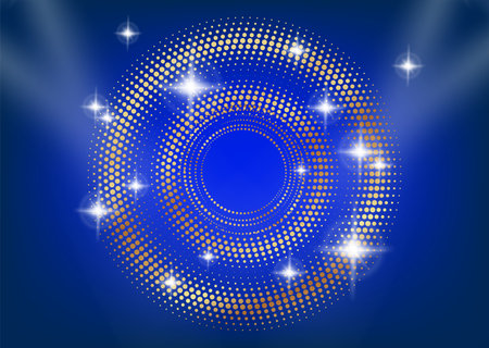 Golden circle halftone frame with light shine effect. Lights and stars, gold dotted circle background. Vector winner banner, congratulation cardのイラスト素材