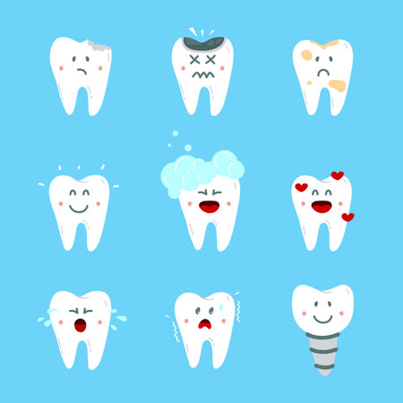 Cute comic teeth mascots, cartoon tooth characters. Children stomatology set, shiny and dirty dental elements. Unhappy decay and clean oral classy vector characterのイラスト素材