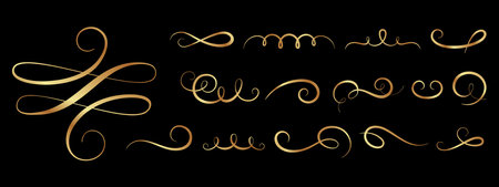 Royal golden vintage swashes. Filigree hand drawn swirls, flourish luxury gold calligraphy design. Invitation, postcards and personal signature vector lettering elementsのイラスト素材