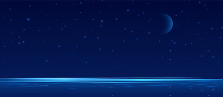 Starry night sky, blue moon and water. Shine evening vector background with stars lights. Decorative graphic landscape, shining glowing lakeのイラスト素材