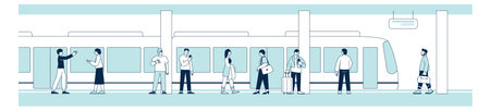 Underground station with people walking and waiting for trainのイラスト素材