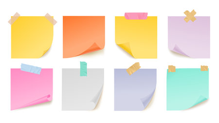 Color notes paper sheets on adhesive tape. Realistic stickers, colorful pages from notebook. Isolated vector office sticky page with curved edgesのイラスト素材