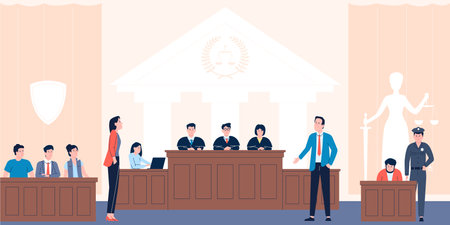 Trial process with young lawyers in courtroom. Cartoon judge in court, justice and defense. Police and advocate, witnesses, recent vector sceneのイラスト素材