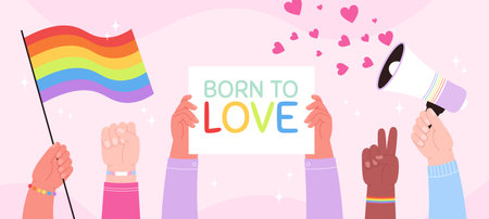Lgbtq love parade support banner. Trans gay community pride flags. Transgender people, lgbt month. Hands hold rainbow racy vector elementsのイラスト素材