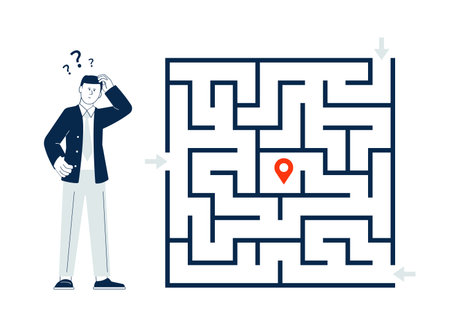 Businessman solves problem. Thoughtful man and complex labyrinth, search for solutions. Student or entrepreneur, flat maze game vector sceneのイラスト素材