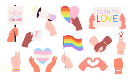 Hands hold rainbow flags, hearts lgbt symbol. Pride trans gay parade elements. Colorful love stickers, groovy decorative patches racy vector clipartのイラスト素材