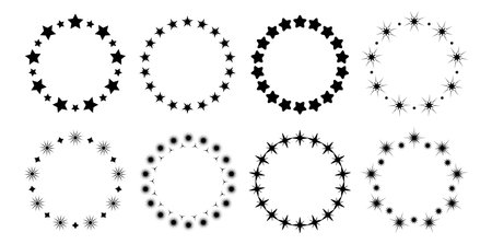 Black stars frames, simple circle star banners template. Various starry silhouettes cutting design, vector round ornaments setのイラスト素材