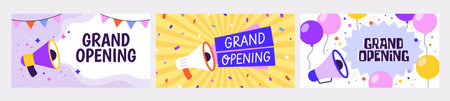 Grand opening banners set. Vintage announcement design, startup poster with speaker megaphone. Store or cafe, business racy vector event invitationのイラスト素材