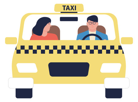 Taxi car with driver and passenger talking. Transport front viewのイラスト素材