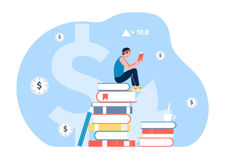 Intellectual and financial growth through self-study. Man reading book, guy sitting on books pile with coffee. Finance education vector conceptのイラスト素材