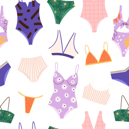 Beach bikini seamless pattern. Swimsuit clothes, bra or top and pantie. Hawaii girl accessories, summer color vacation racy fashion vector printのイラスト素材