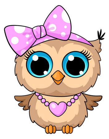 Cute owl girl in pink bow and heart necklace. Cartoon bird characterのイラスト素材