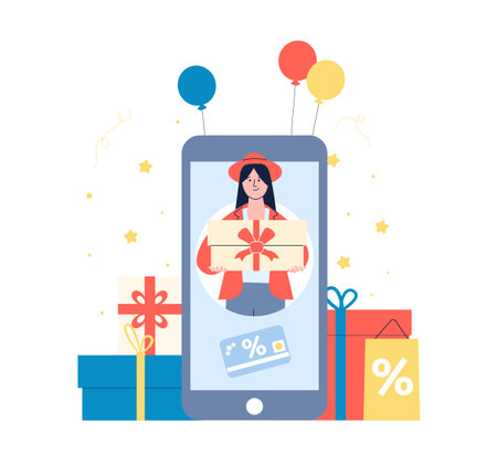 Gift card and discount for online shopping. Happy girl on smartphone screen hold present box. Sale or promotion, customer loyalty program vector conceptのイラスト素材