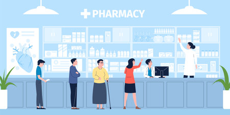 Pharmacy store, retail in clinic. Drugstore customer waiting line, medical seller or pharmacist. Woman buy medications, tablets, recent vector sceneのイラスト素材