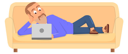 Man laying on couch with laptop. Cartoon person restingのイラスト素材