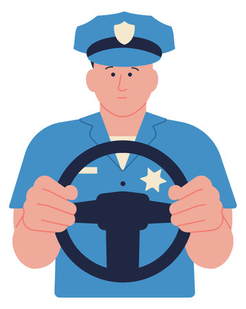 Policeman hold steering wheel. Patrol officer characterのイラスト素材