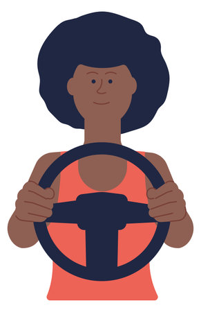 Black woman hold steering wheel. Female driver characterのイラスト素材