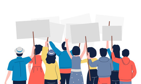 Protest crowd with placards and banners stand backs. Demonstrations or protests flat characters, students or young people vector communityのイラスト素材