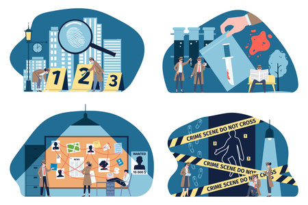 Detective investigation flat scenes. Crime mysterious space, detectives looking evidence. Police board, inspector or agent recent vector conceptのイラスト素材