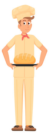 Cartoon man in chef hat. Cooking person with serving trayのイラスト素材