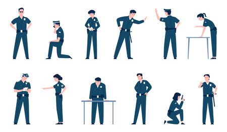 Policeman characters, police agent and security officer. Cop in uniform, guard with gun on work. Isolated patrol policemen recent flat vector setのイラスト素材
