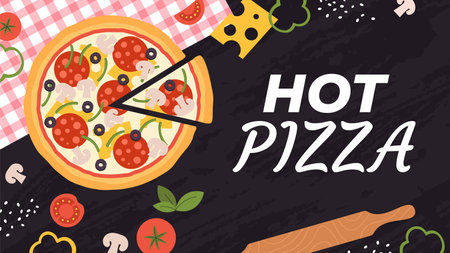 Pizza cheddar and mushroom background. Menu pizzeria template. Italian cuisine ingredients and food. Hot pizza delivery racy vector bannerのイラスト素材
