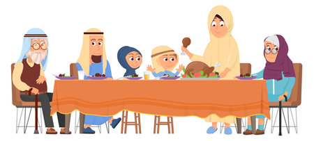 Islamic family dinner. People of different generation togetherのイラスト素材