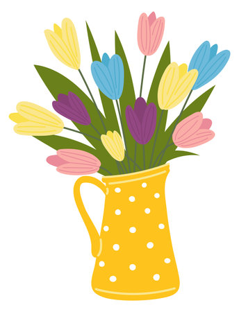 Color tulips in vase. Garden flowers bouquet iconのイラスト素材
