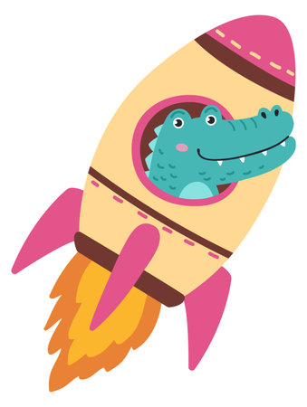 Crocodile in space rocket. Brave animal astronaut characterのイラスト素材