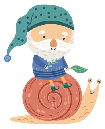 Gnome riding snail. Cute tiny fairytale characterのイラスト素材