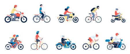 Flat motorcyclist characters. Riding bike and motorcycle, man ride motorbike in helmet. Modern scooter, different people drivers recent vector setのイラスト素材
