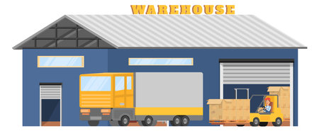 Warehouse building with cars and workers. Industrial storageのイラスト素材