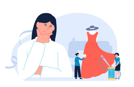 Designer and tailors sewing fashion dress. Personal tailor concept, style industry and sew service. Clothing repair workshop vector sceneのイラスト素材