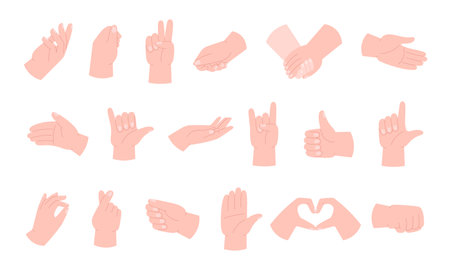 Various hands poses show direction, hand touch, handshakes. Finger different gestures, push and counting. Perfect different human palms racy vector setのイラスト素材