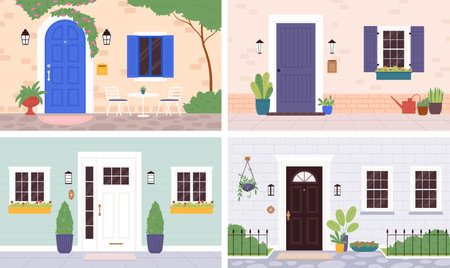 House entrance exterior, wooden doors and plants. Outside wall apartment, residential elegant entry. Flat home front door and windows racy vector scenesのイラスト素材
