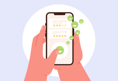 Review in phone, online restaurant rating. Customers reviews, client messaging feedback. Customer opinion, racy positive faces in smartphone vector conceptのイラスト素材
