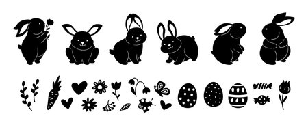 Black bunny, spring elements silhouettes. Bunnies, flowers, eggs. Easter isolated symbols. Flat rabbits collection, vector animals and floral graphicsのイラスト素材
